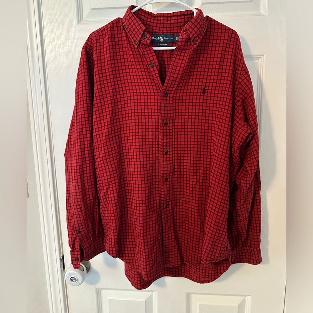 Polo Ralph Lauren Flannel Shirt Mens M Red Black Plaid Long Sleeve Classic Fit